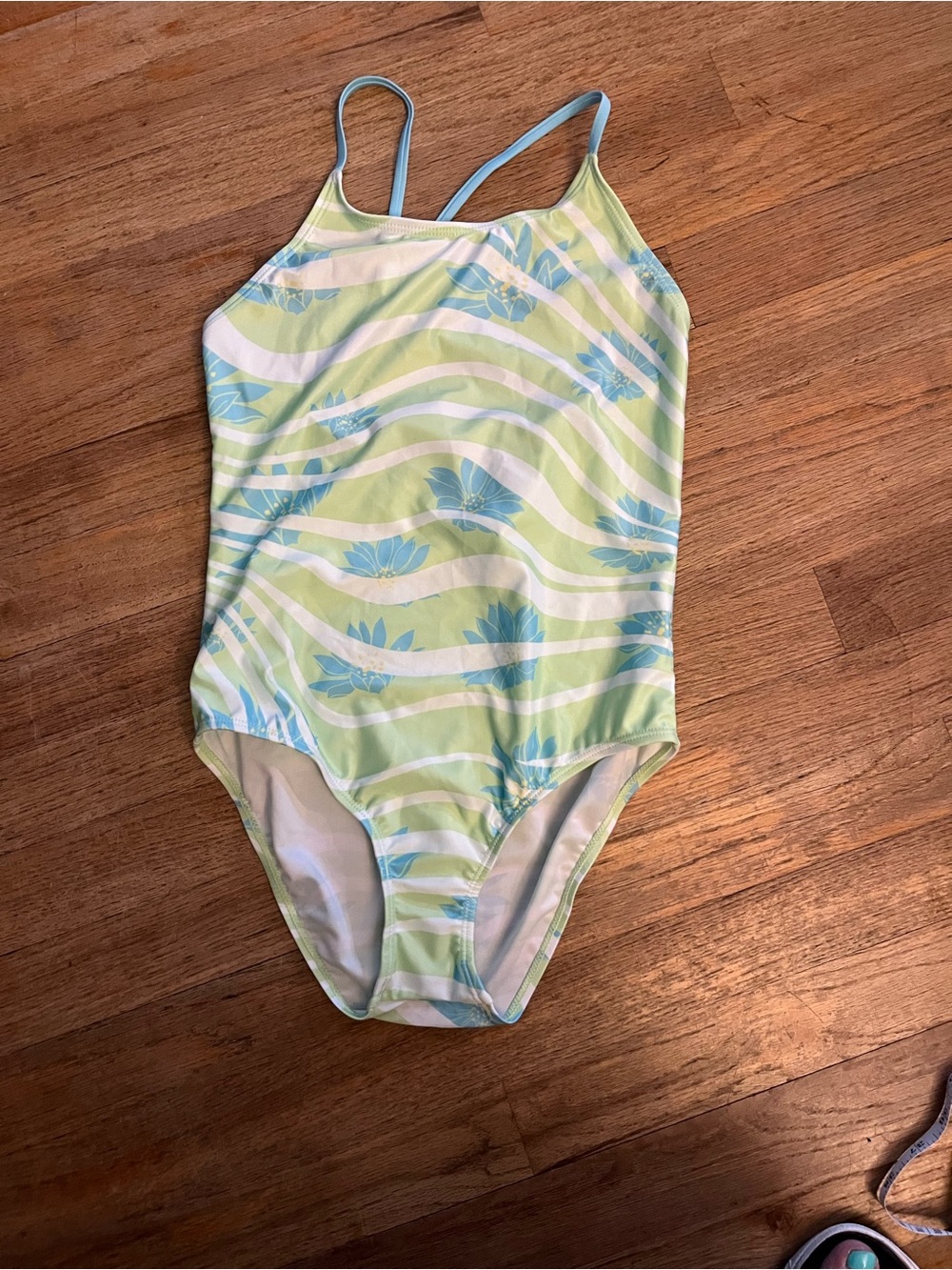 Kids One-Piece Swimsuit in Light Green and Blue - Floral Stripe